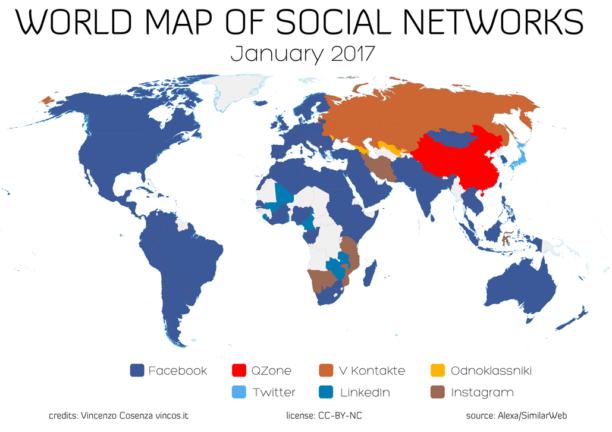 La carte des réseaux sociaux les plus populaires en 2017